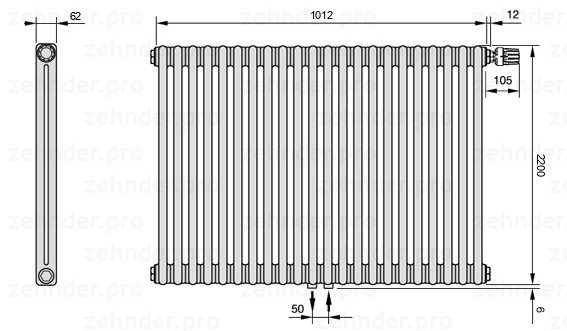 Схема (чертеж) Радиатор Zehnder Charleston 2220/22 №V008 Белый глянцевый RAL 9016